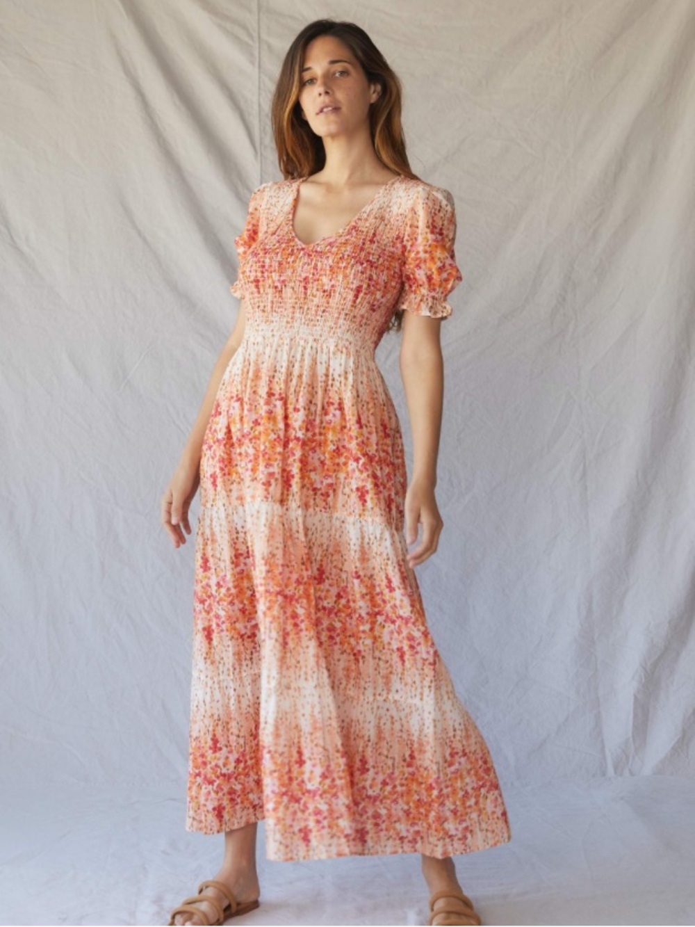 Christy Dawn Brooklyn Floral Smocked Maxi Dress in Peach-Orange